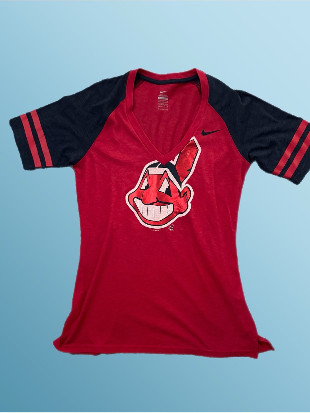 Cleveland Indians Red V-Neck Raglan Tee with Blue Sleeves
